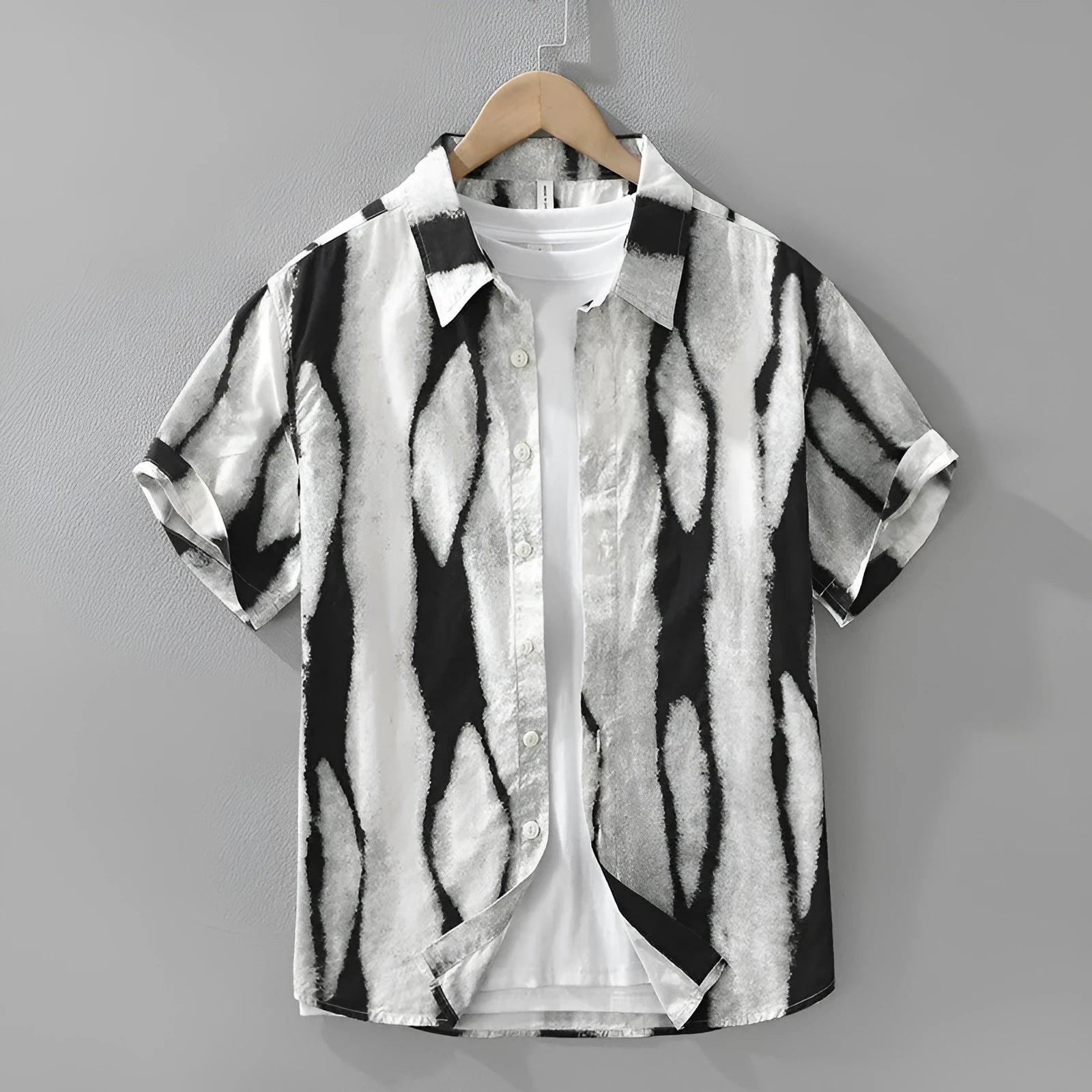 Retro striped short sleeve cotton shirt in loose cardigan fit on hanger