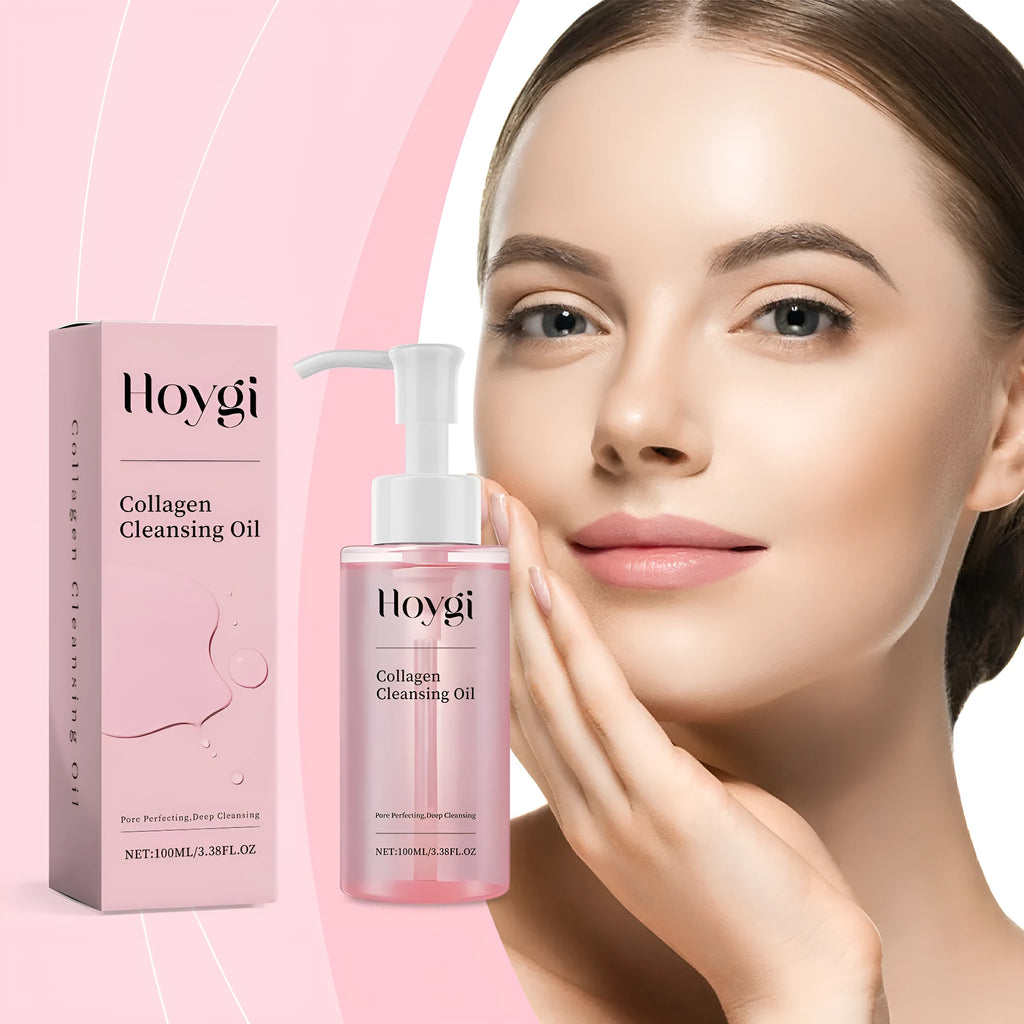 Collagen cleansing oil bottle with jojoba and grape seed oils, 100ml capacity for daily makeup removal