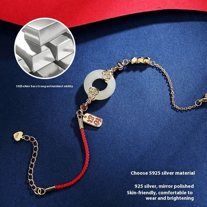 Sterling silver Chinese style jewellery set with inlaid Hetian jade gourd pendants on bracelet and necklace