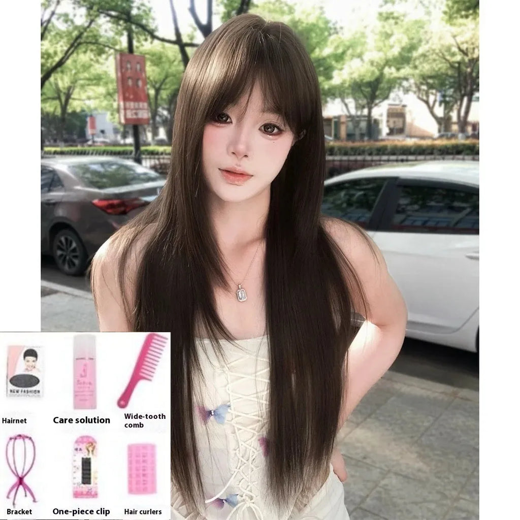 Brown black high-temperature fibre wig with wear-free hair net base