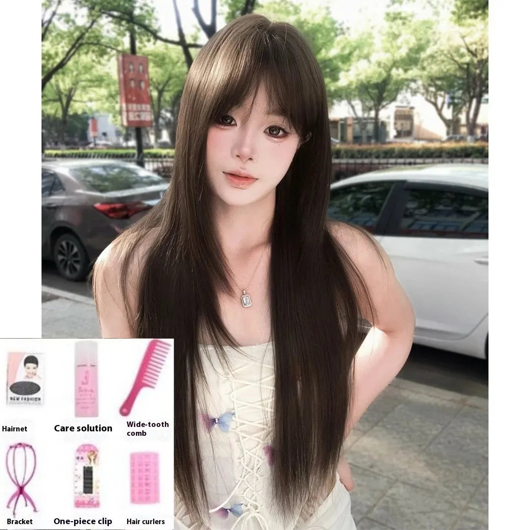 Brown black high-temperature fibre wig with wear-free hair net base