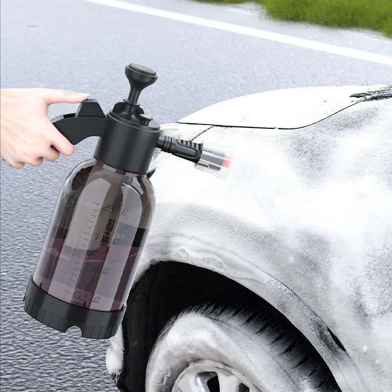 Black hand-held 2 litre foam sprayer with two nozzles for car washing and plant watering