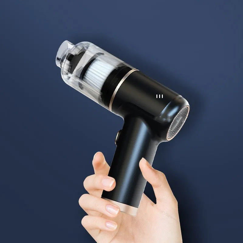 Black wireless car vacuum cleaner with accessories including nozzles and brush heads