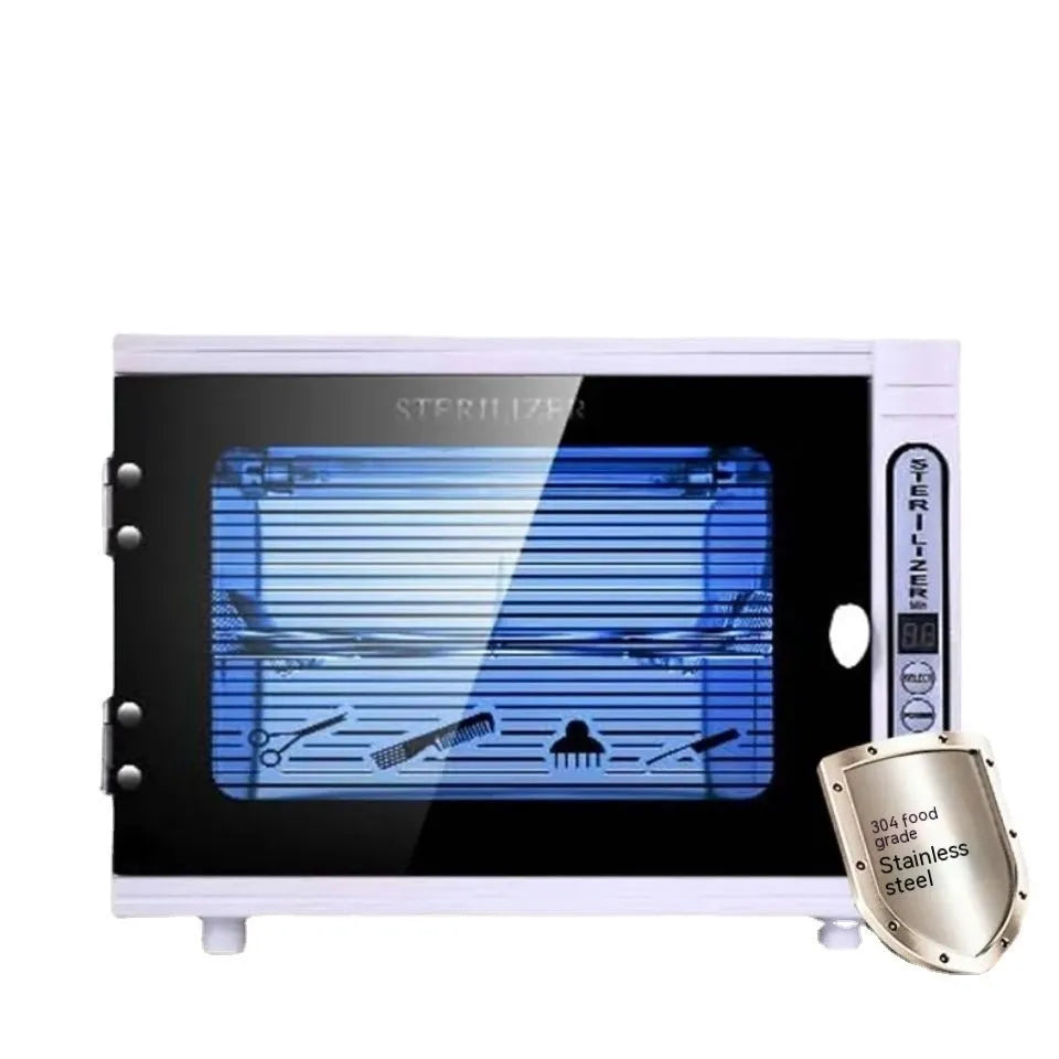 Small silver UV steriliser unit with a stainless steel interior for salon tool hygiene.