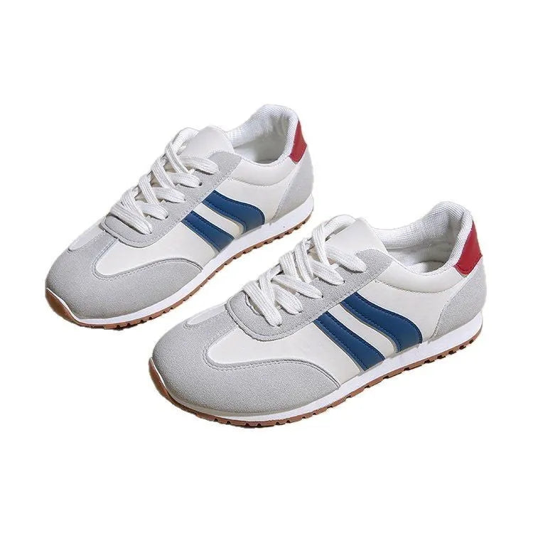 Blue and grey Cortez stripes casual sports shoes with round toe and flat rubber sole.