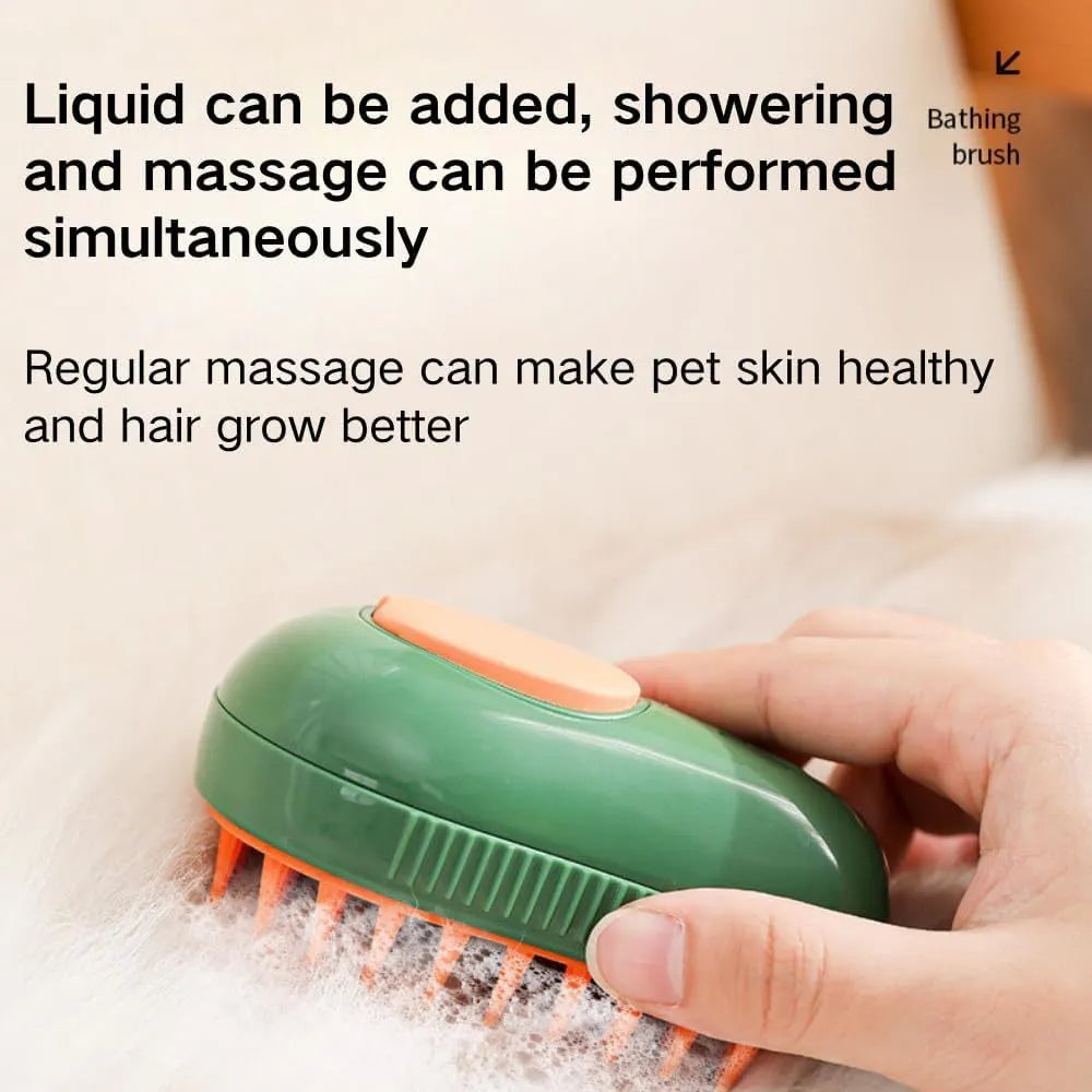 Green and white rechargeable cat steam brush with silicone teeth and water spray nozzle.