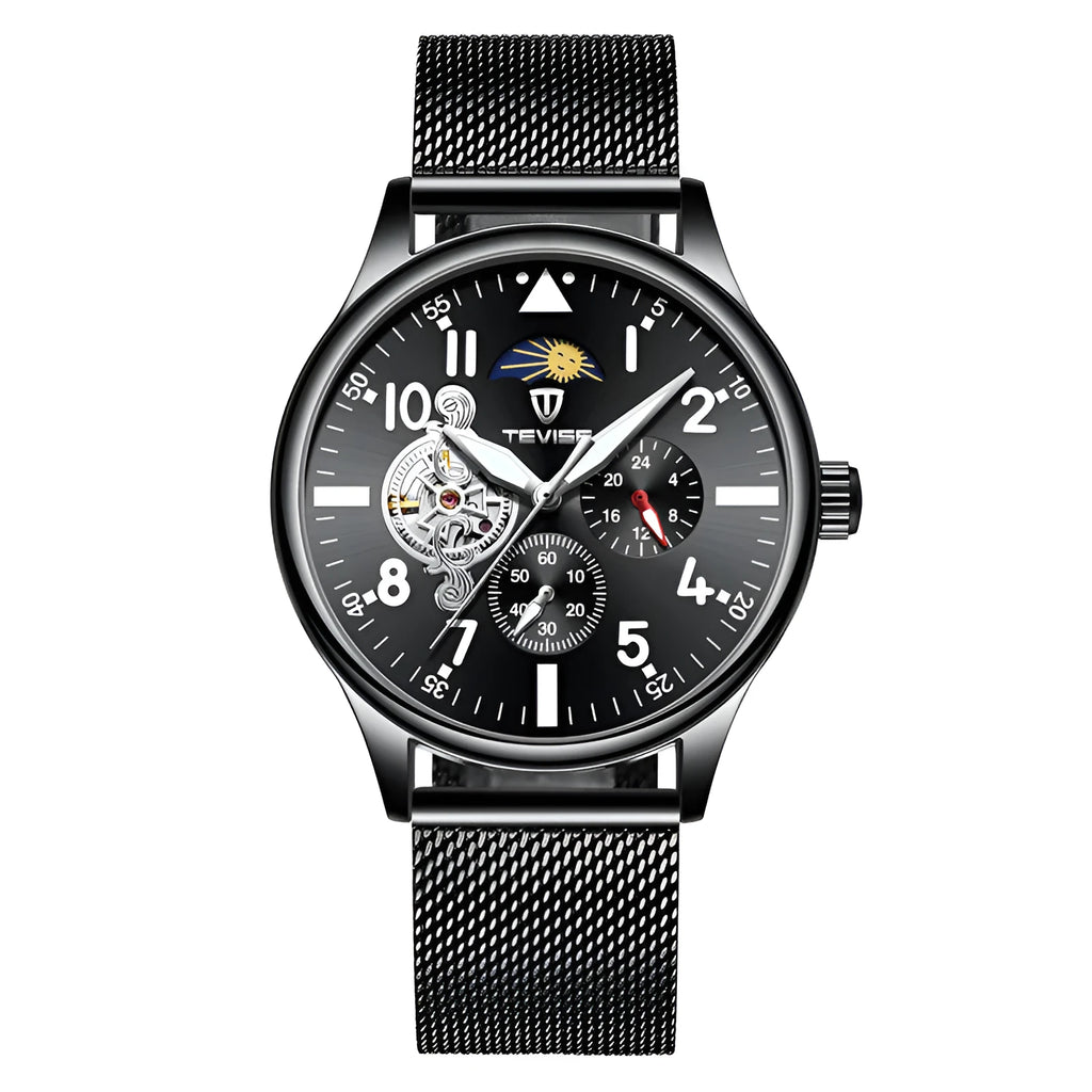 Black men's mechanical watch with moon phase indicator and luminous hands on alloy case