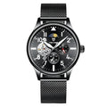 Black men's mechanical watch with moon phase indicator and luminous hands on alloy case