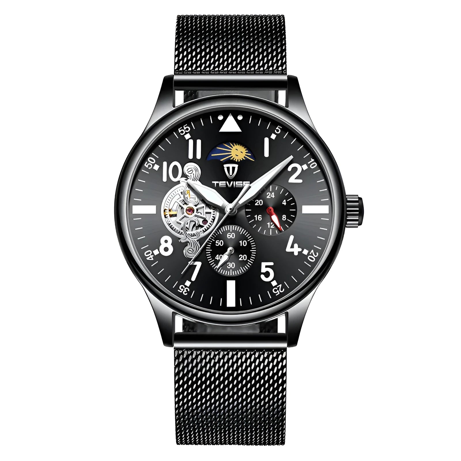 Black men's mechanical watch with moon phase indicator and luminous hands on alloy case