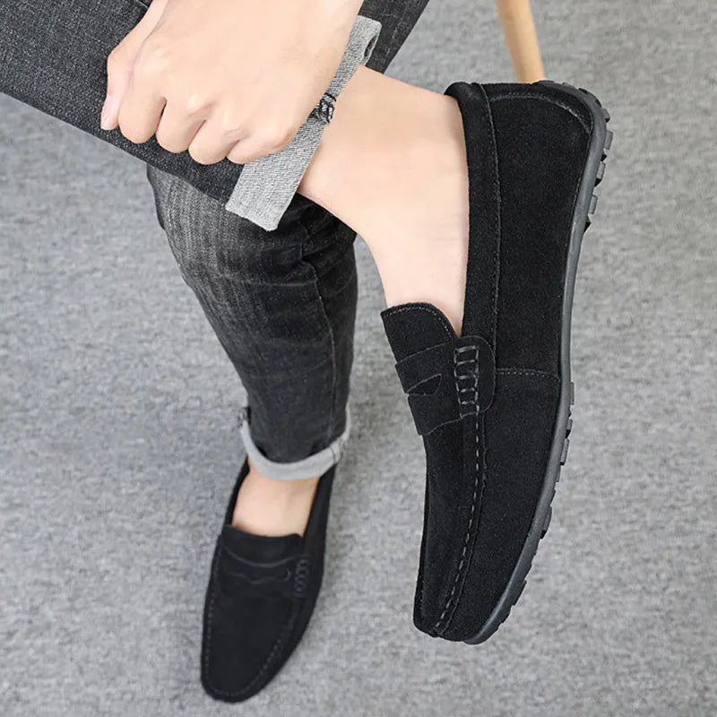 Men's suede leather loafers in solid colour with round toe and flat heel design