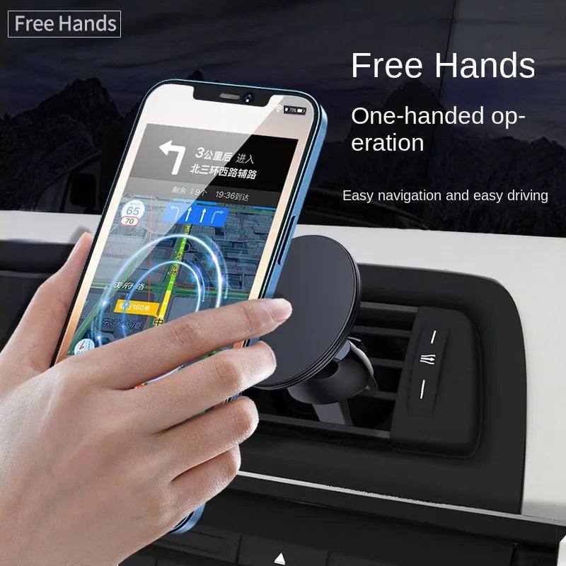 Black aluminium magnetic car air vent phone holder mounted on vehicle dashboard