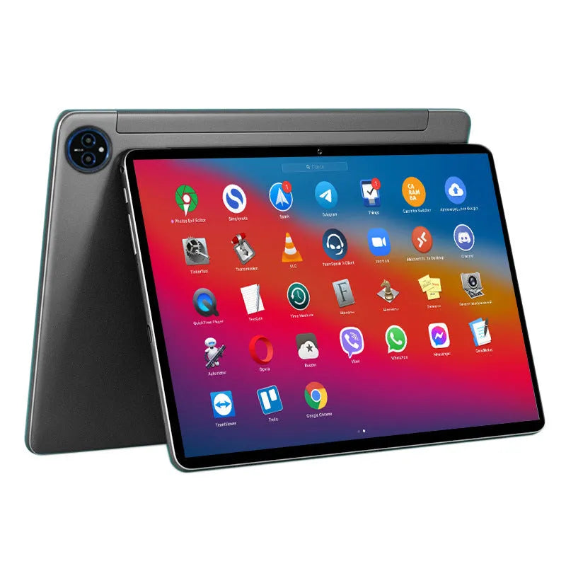 Bare metal blue 10-inch tablet with attached leather keyboard case on a desk.