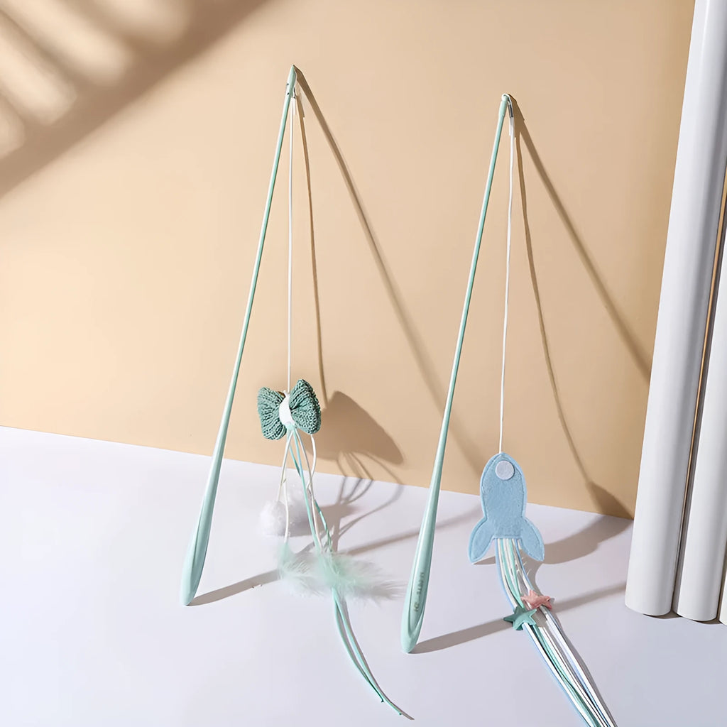 Blue cat teaser toy with long pole and feather attachments for interactive play