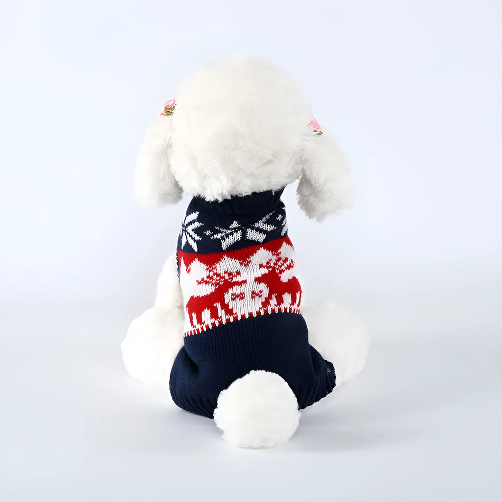 Navy blue knitted Christmas sweater for dogs on small to medium sized pet