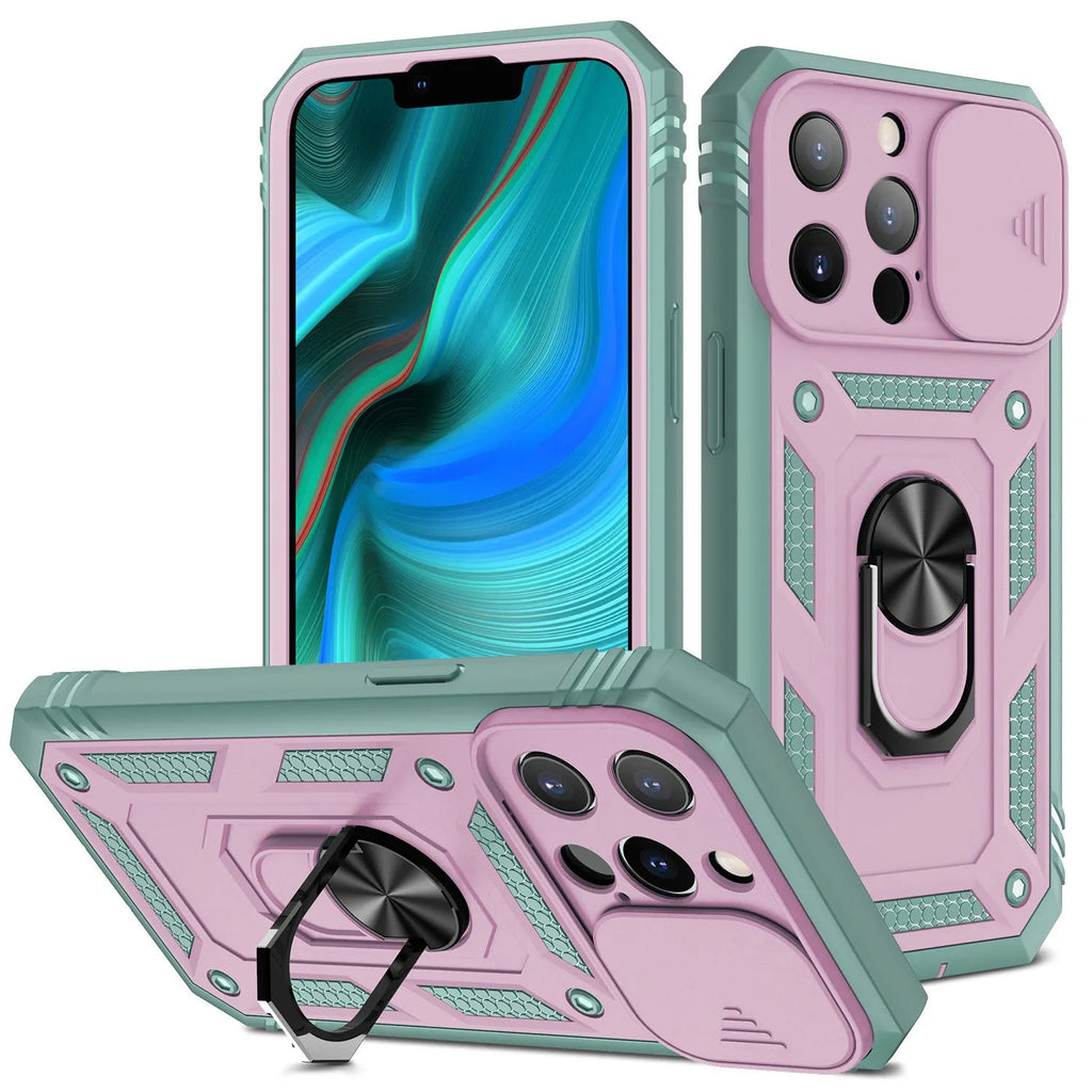 Magnetic iPhone back cover case with sliding window bracket in two-tone colours