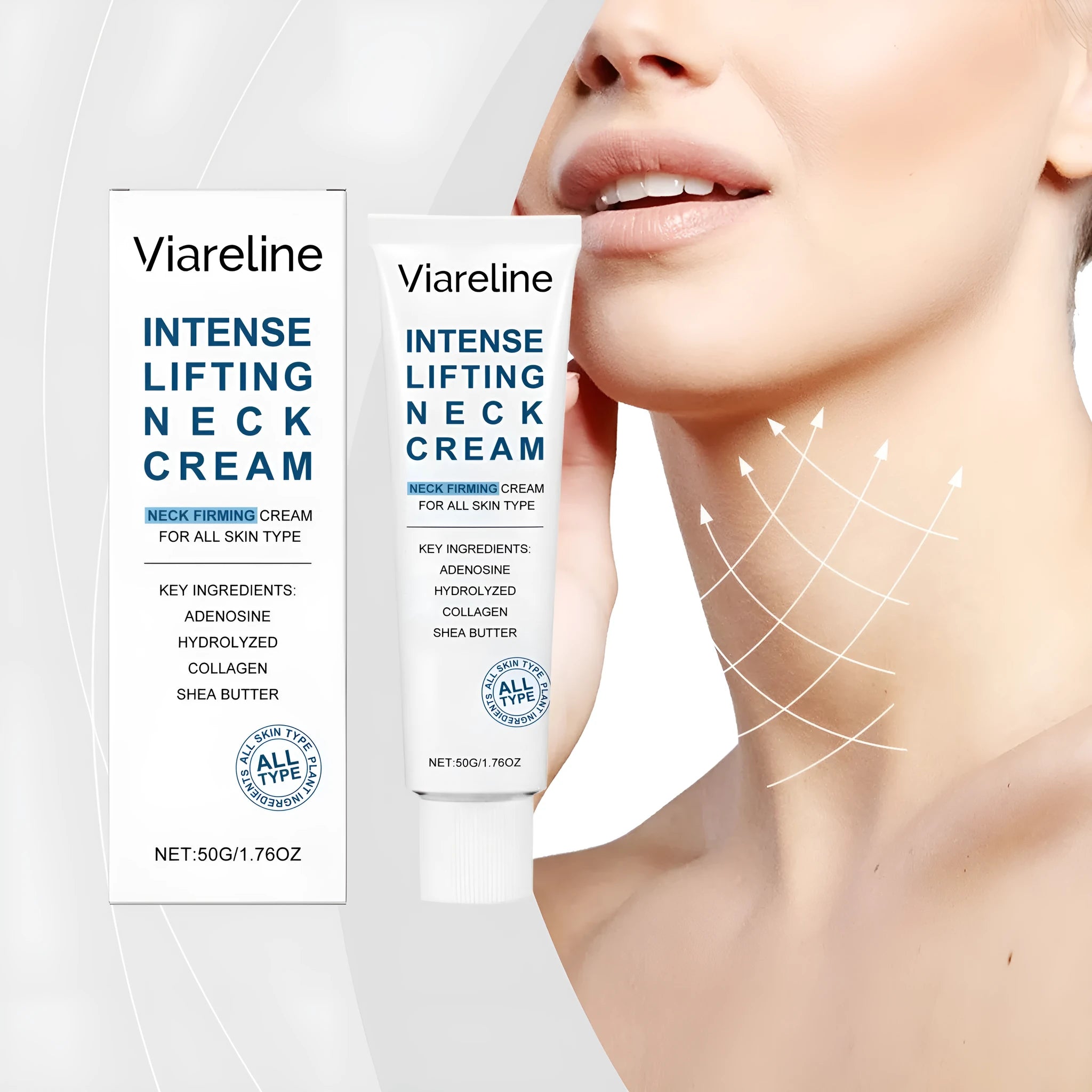 50g jar of neck tightening cream with hydrolysed collagen and shea butter.