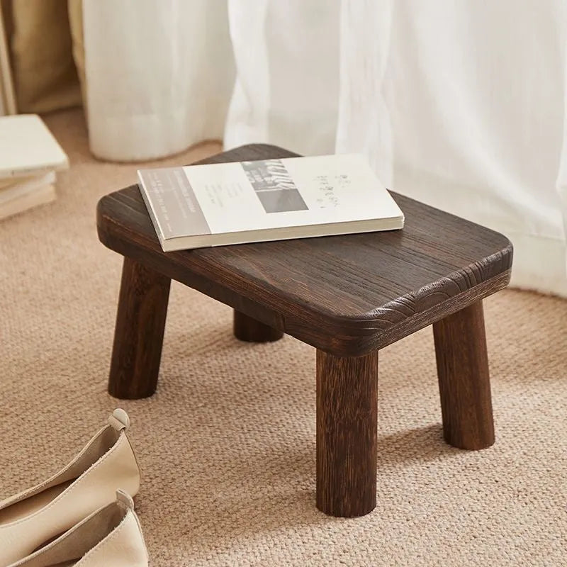 Distressed wood stool for changing shoes with bracket structure construction