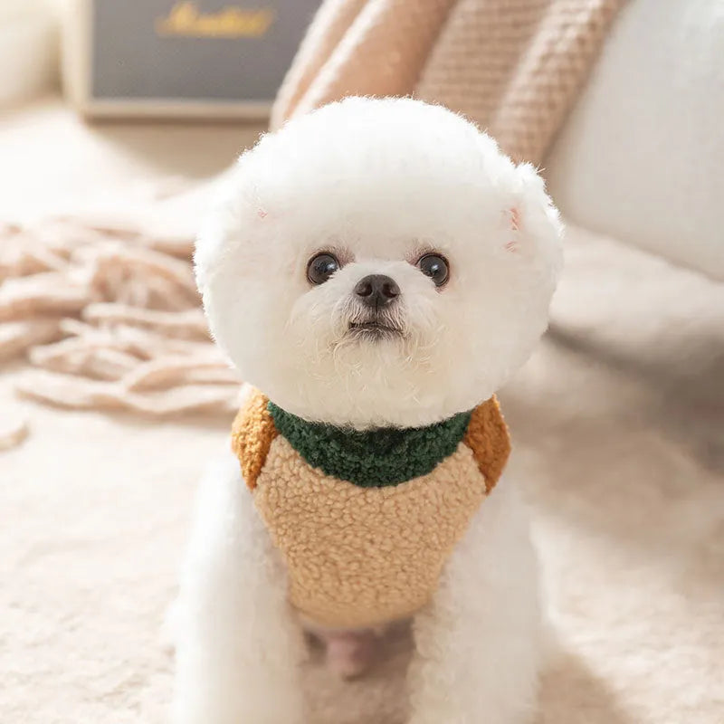 Colour-block pet fleece jacket with squirrel patch, leash ring, and pockets in green, brown, and beige on a small dog.