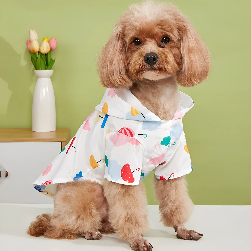 Colourful pet raincoat with a cartoon umbrella pattern, shown in size L for a medium dog.