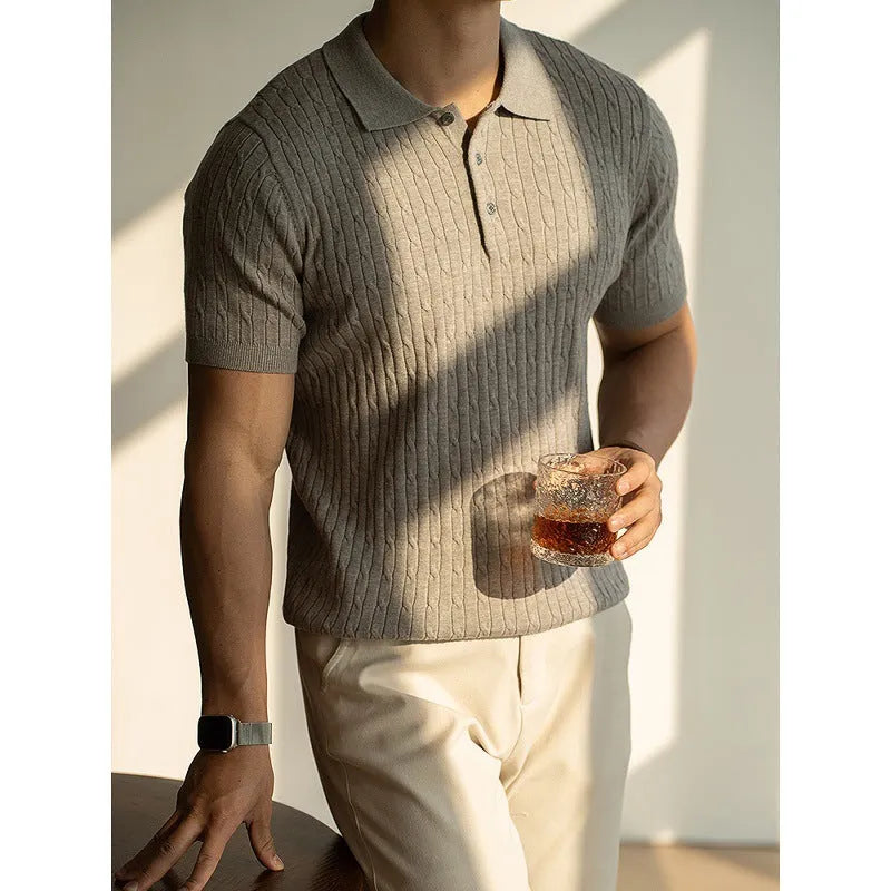 Men's khaki short sleeve top for business wear, showing front view on a model.