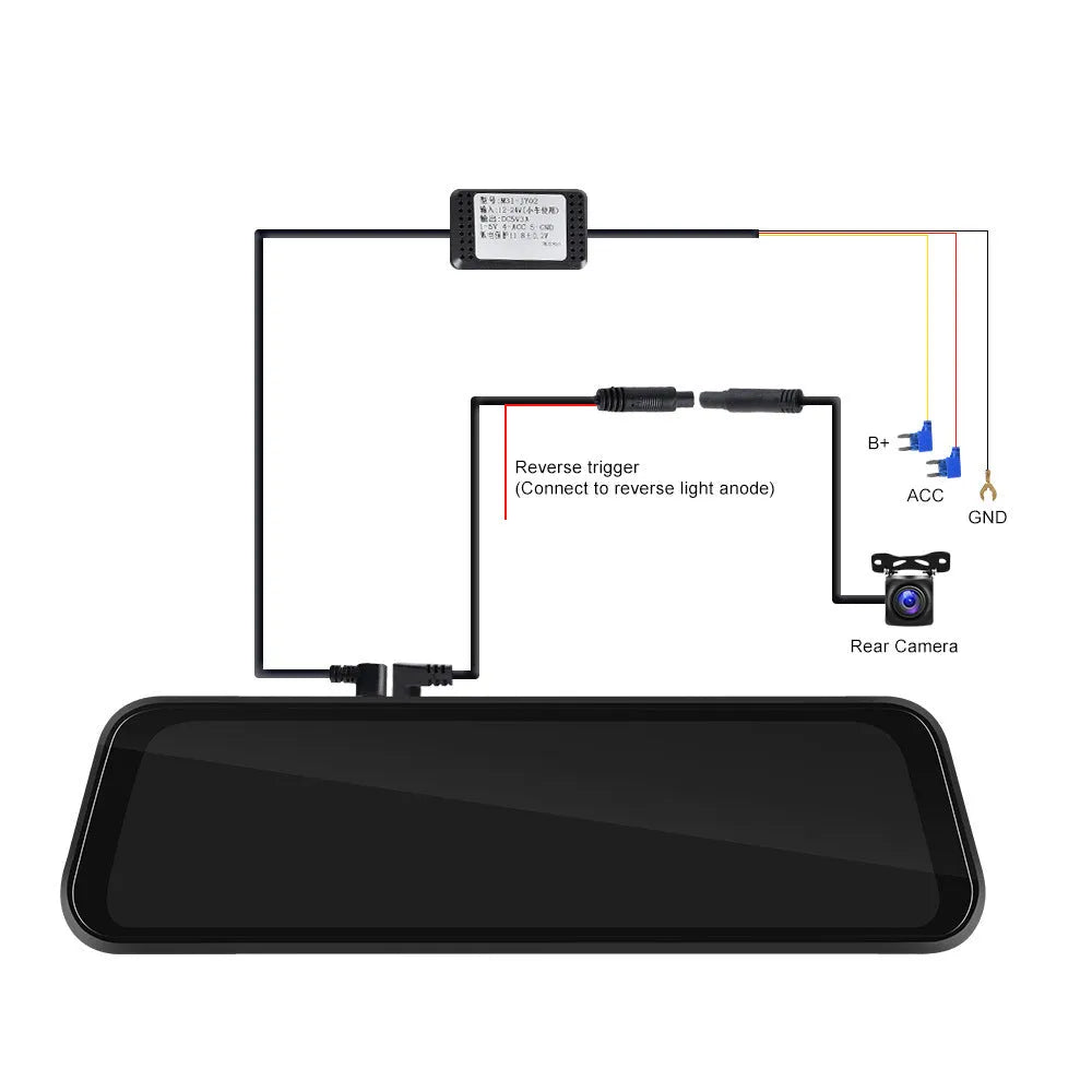 9.66-inch HD car video mirror monitor with reverse camera and mounting kit on a dashboard.