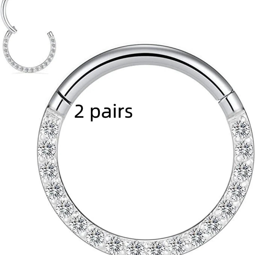 Stainless steel nose ring with diamond detail showing seamless ring construction in multiple colour variations