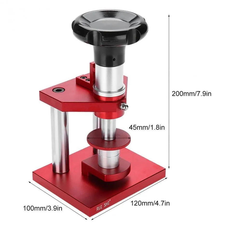 Watch repair spiral cap presser device with a set of 20 plastic moulds for sealing watch back covers.