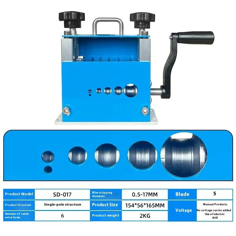 SD-017 manual wire stripping machine for 0.5mm to 17mm diameter cables on a workbench.