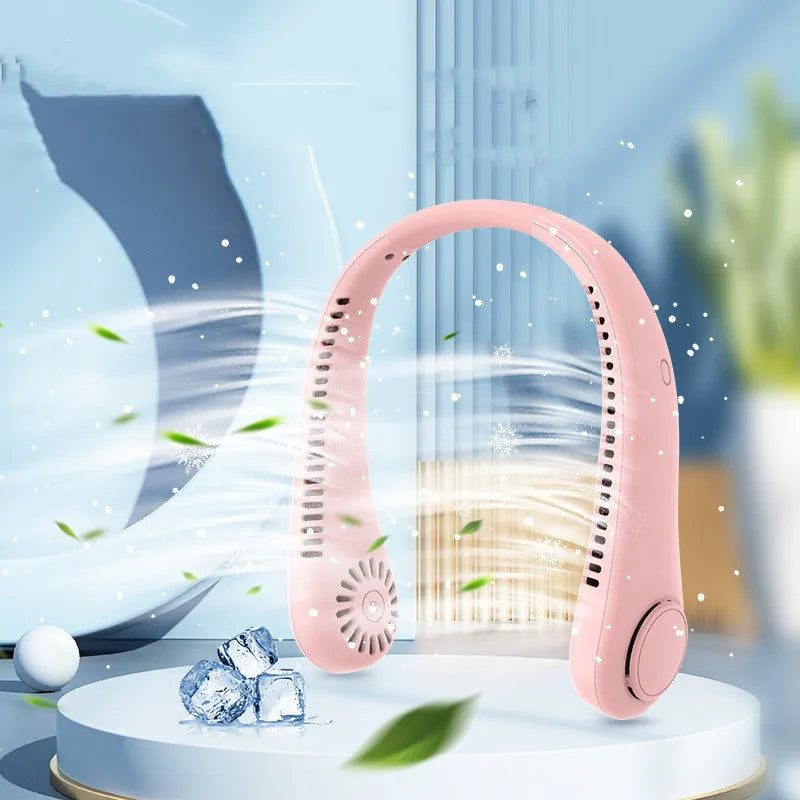 White rechargeable bladeless neck fan hanging around a person's neck