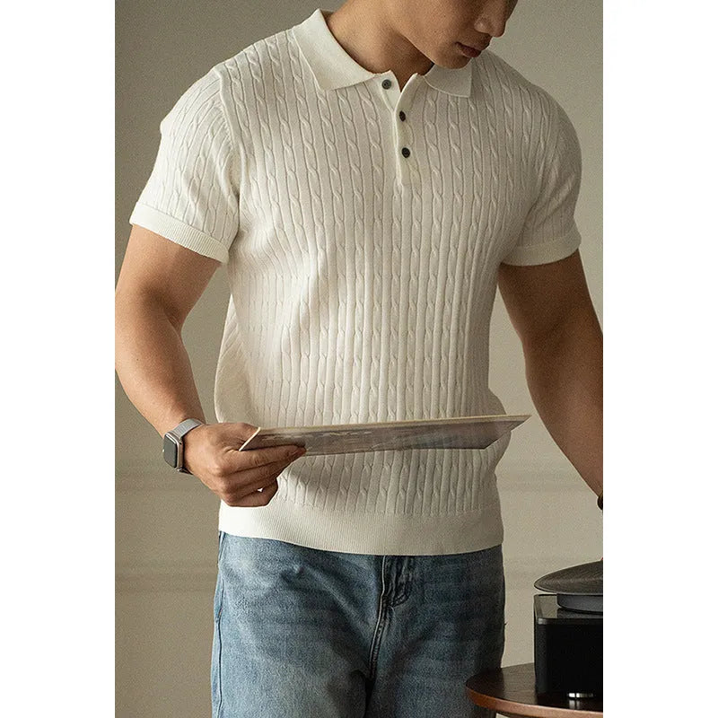 Men's khaki short sleeve top for business wear, showing front view on a model.