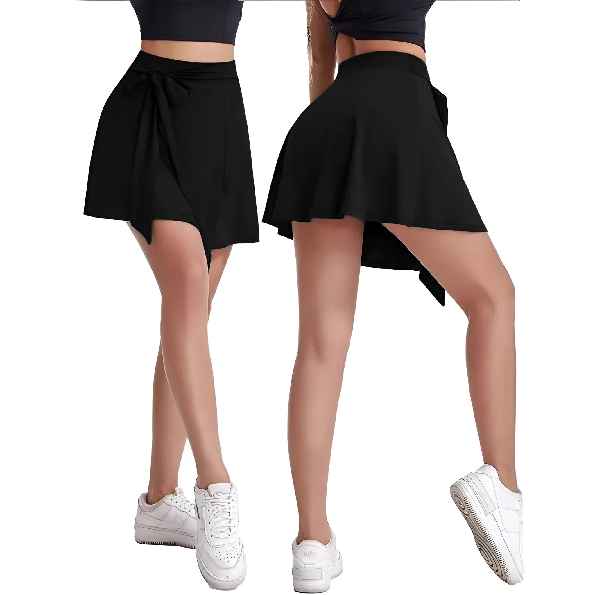 Black thigh-length sports skirt with built-in shorts, high waist, and adjustable shoulder strap on a hanger.