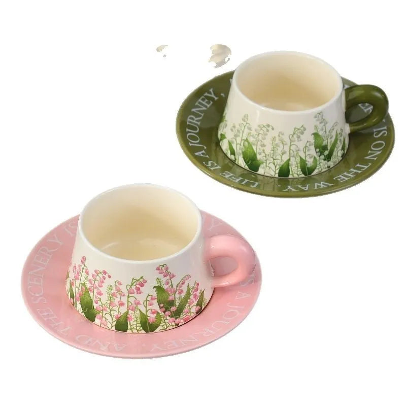 Ceramic coffee cup and saucer set for couples with two cups, saucers, and spoons