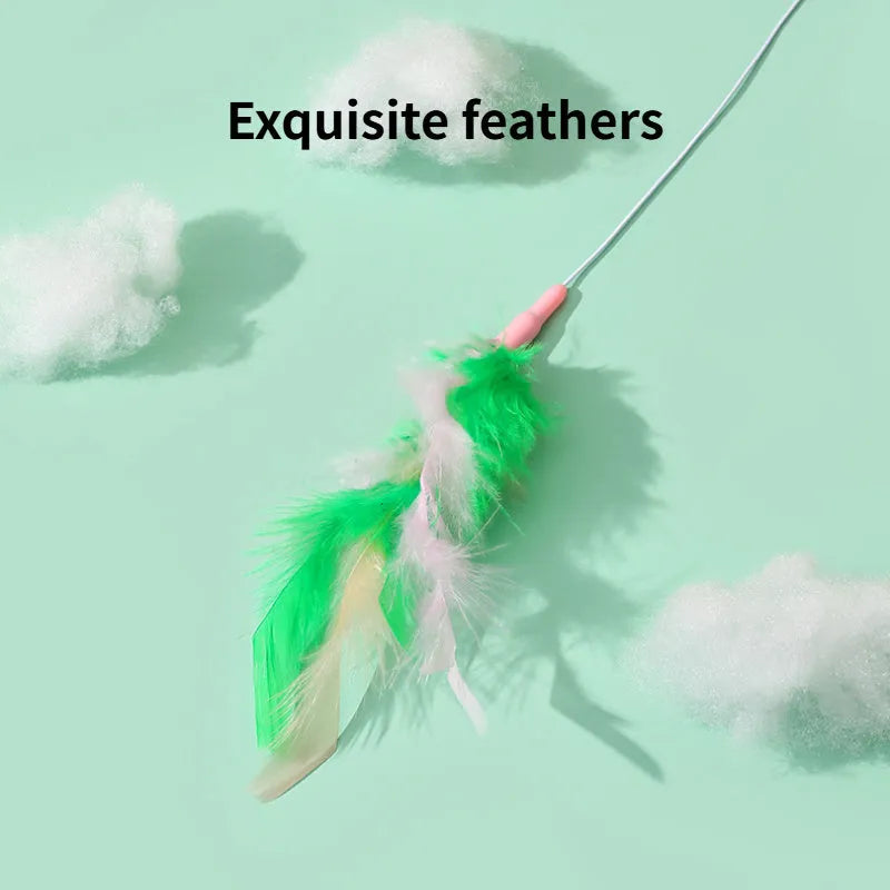Green interactive cat feather wand toy with bells and a comfortable grip handle
