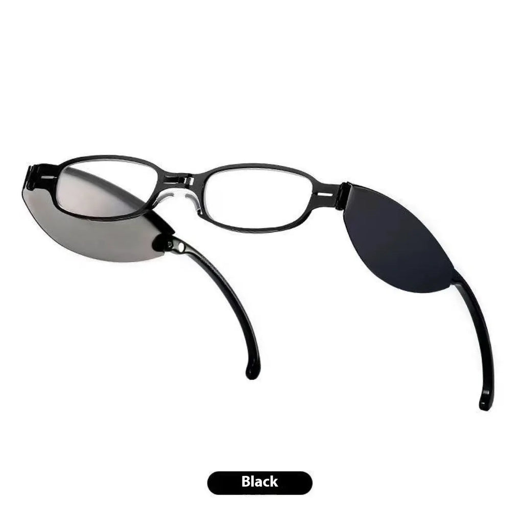 Black folding presbyopic glasses shown open and folded, with retro ring-style frame.