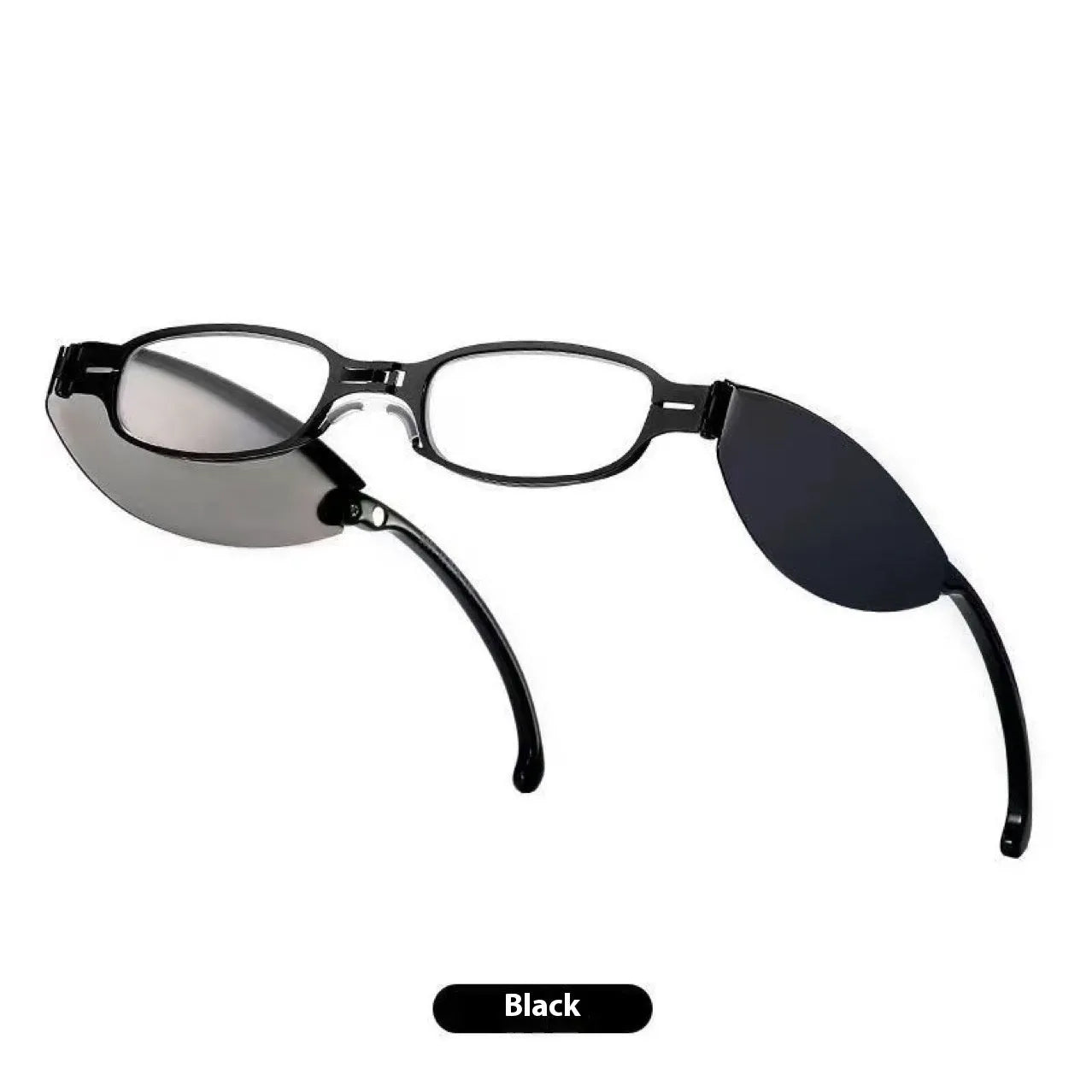 Black folding presbyopic glasses shown open and folded, with retro ring-style frame.