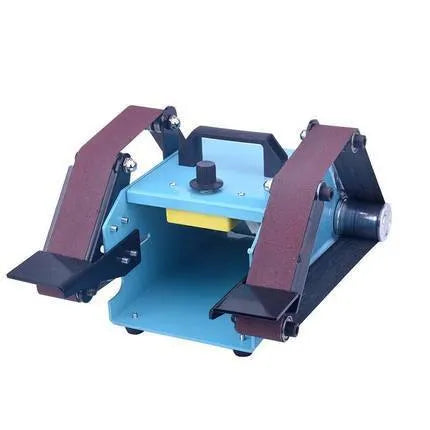 Blue desktop dual-axis belt sander with a 750W motor and variable speed control for knife sharpening