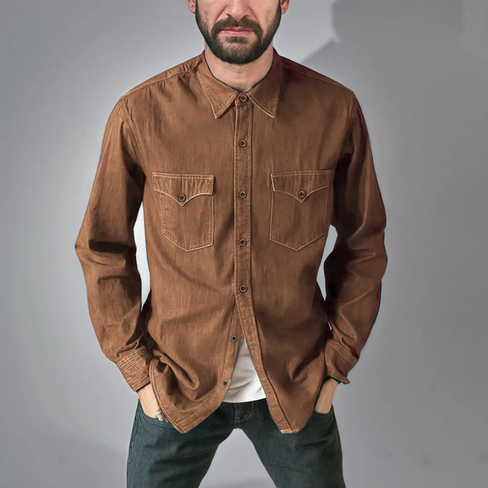 A khaki-coloured cotton denim cardigan coat with long sleeves on a hanger.