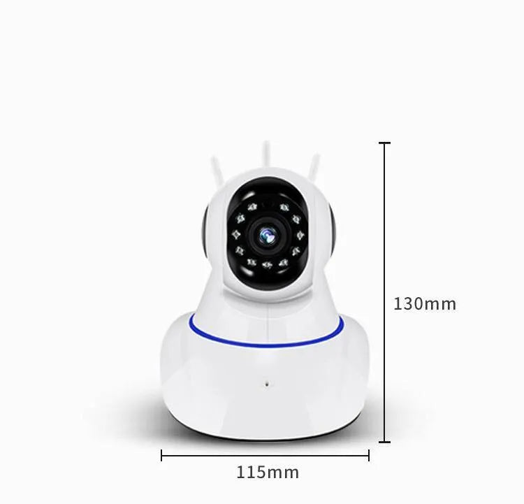White dome-style wireless HD security camera for indoor and outdoor use.