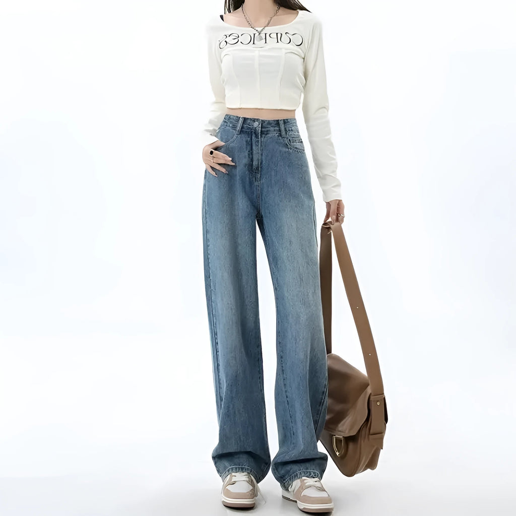 Women's retro blue high-waist wide-leg denim jeans laid flat