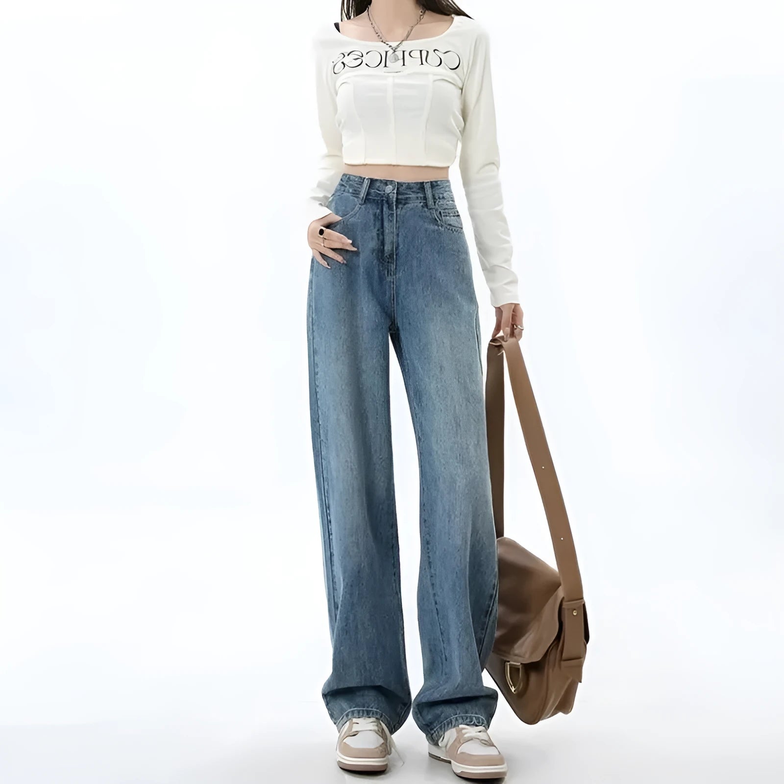 Women's retro blue high-waist wide-leg denim jeans laid flat