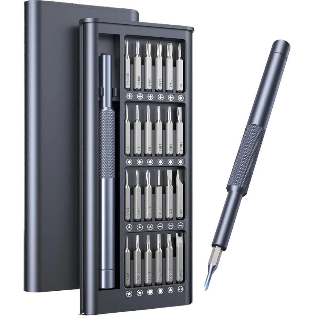 25-in-one magnetic screwdriver set with knurled handle, showing chrome vanadium steel bits.