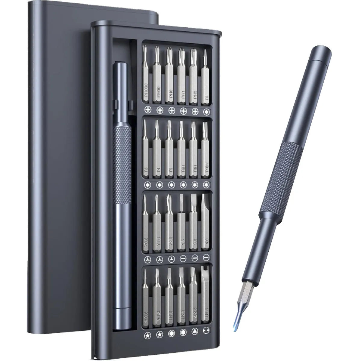 25-in-one magnetic screwdriver set with knurled handle, showing chrome vanadium steel bits.