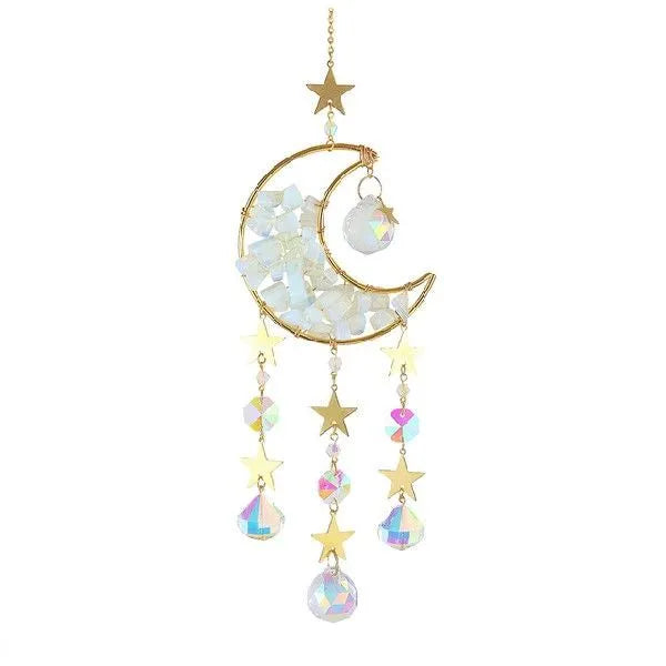Silver metal holder with a large white K9 crystal moon pendant for car rear view mirror.