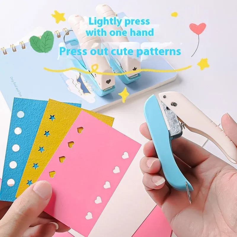 Manual embossing hole punch machine with four pattern heads: love heart, star, 4mm round, and 6mm round.