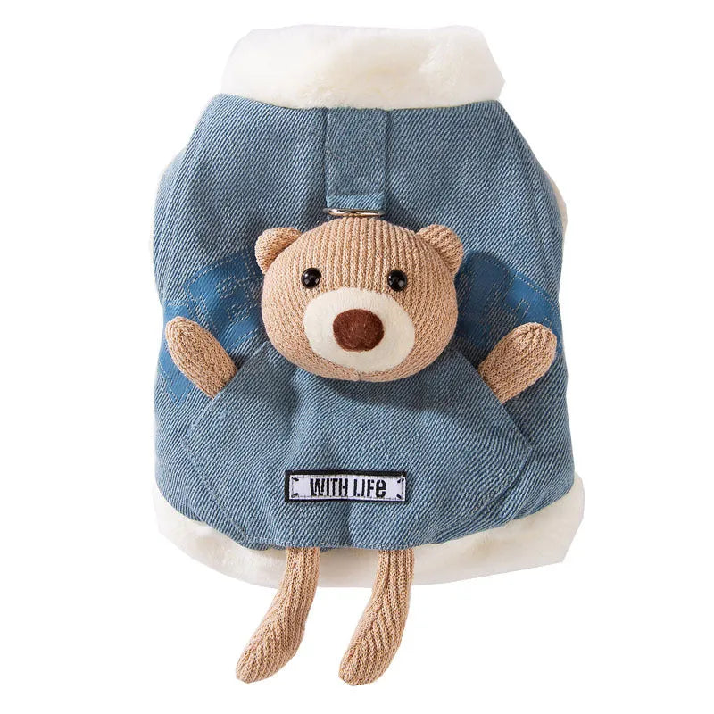 Blue denim pet coat with 3D bear pocket and wool lining for warm winter walks