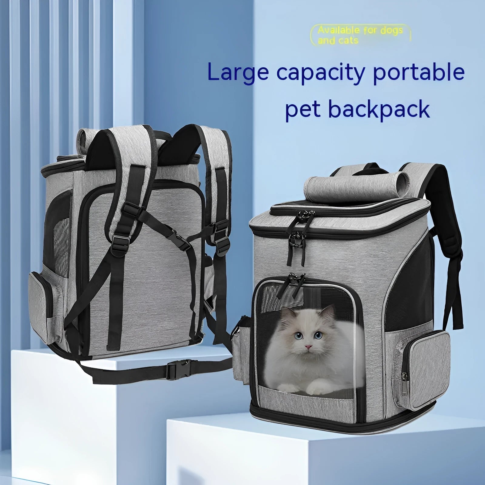 Extendable pet bag in Oxford material, solid colour gray, large 20-35L capacity for dogs and cats