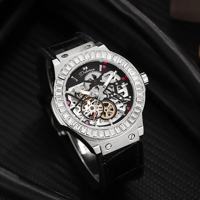 Men's automatic skeleton watch with diamond accents on dial, stainless steel case, leather strap.