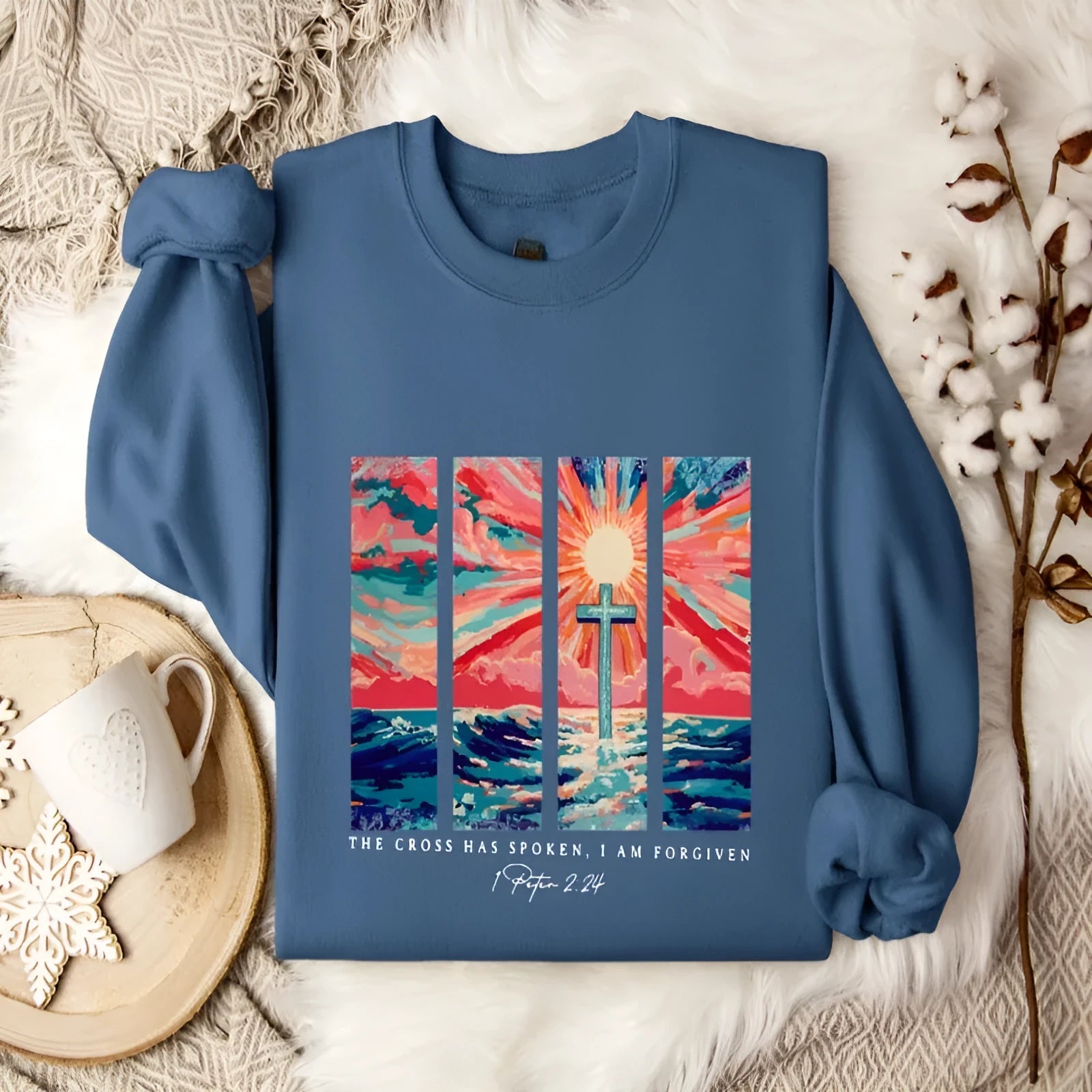 Blue printed plus size women's sweater with drop-shoulder sleeves and loose street fashion style