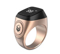 Zikr1 metal smart ring showing OLED display, available in black, green, rose gold, and silver.