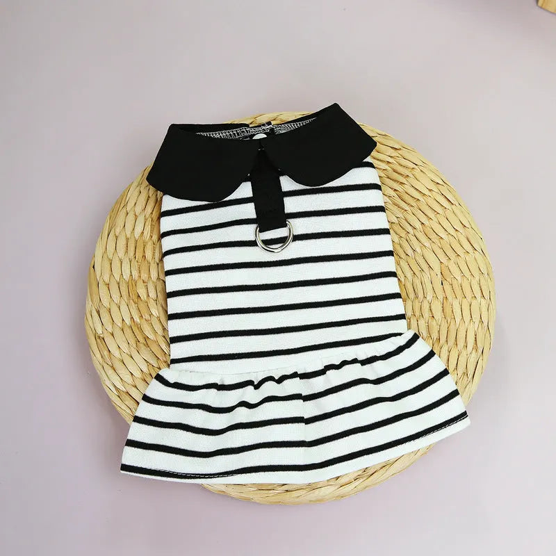 Pet wearing matching summer stripes T-shirt and skirt set for dogs or cats
